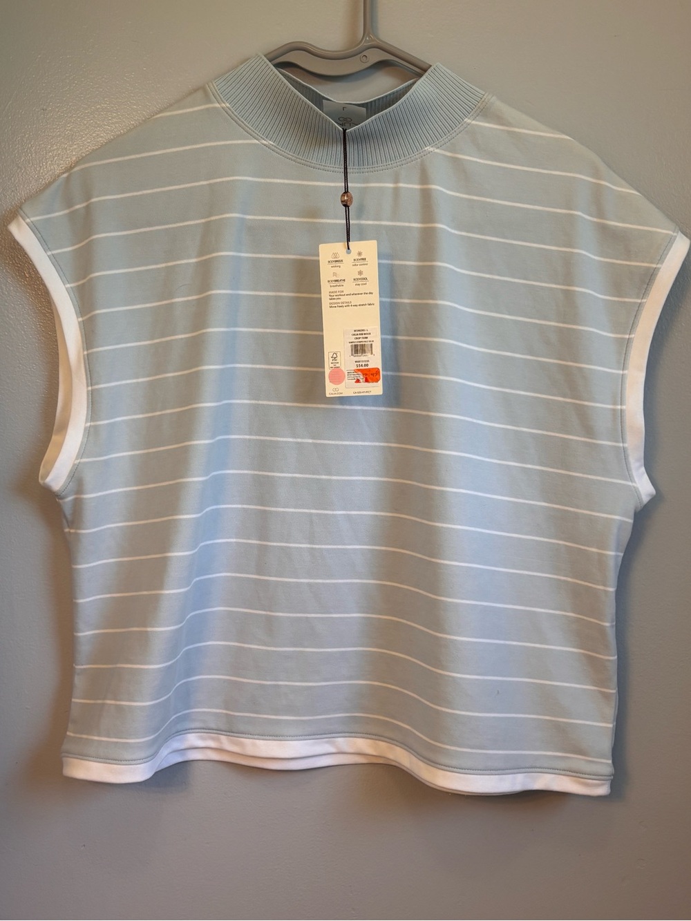 Calia Striped Mock-Neck Sleeveless Tank Top - Light Blue & White. Sz L. NWT